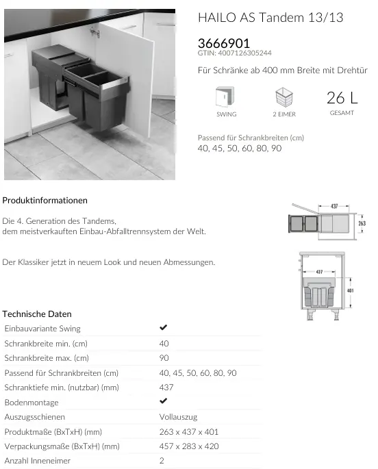 Hailo Abfallsammler AS Tandem 2x 13 Liter Anthrazit ca. 26,30 x40,10x43,70 cm