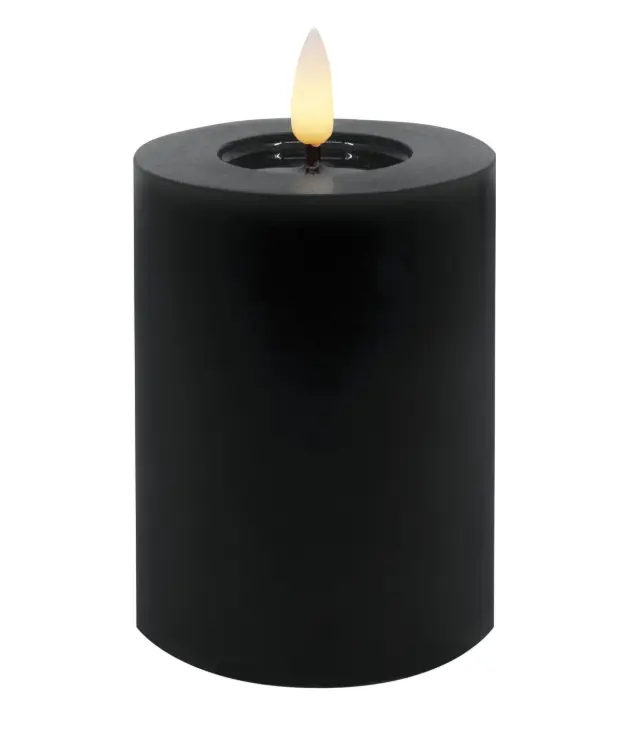 LC Wholesaler LED Stumpenkerze Winter Echtwachs winter black smooth 7,5x10cm 3D-Flamme warmweiß
