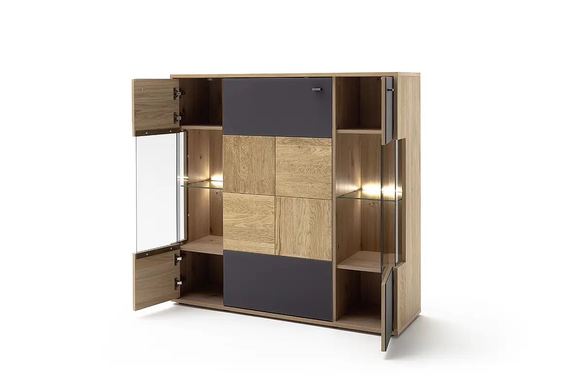 MCA Highboard Balkeneiche Bianco - Glas anthrazit ca.124x120x37 cm