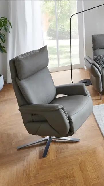 MDS Steinpol Polsteria Drehsessel Lodi Lazy, Leder Punch delphine, Sternfuß Edelstahl gebürstet, manuelle Funktion mit Gasdruck u. manueller Kopfteilverstellung