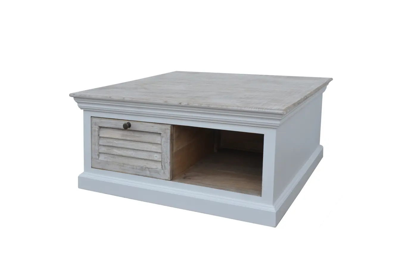 LC Wholesealer Couchtisch Hampton Mangoholz weiß gewischt mit Schublade 90x90x45 cm