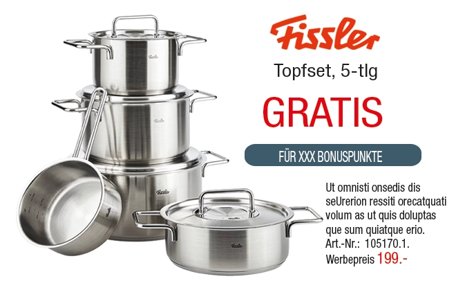 Fissler Topfset, 5-teilig aus Edelstahl, inklusive einem Topf mit Deckel, einem Sieb und zwei weiteren Töpfen.