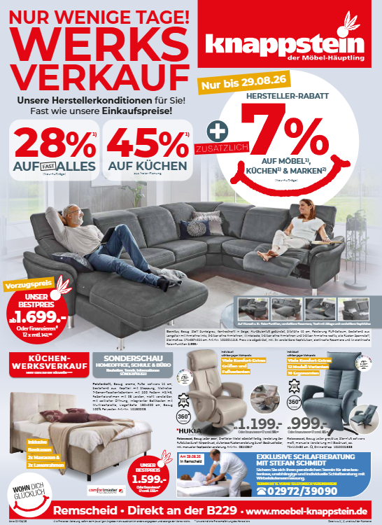 Werbeprospekt für Möbelverkauf mit Rabatten auf Sofas und Küchen.