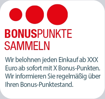 Text über das Sammeln von Bonuspunkten bei Einkäufen, mit Informationen zu Belohnungen und Punktestand.