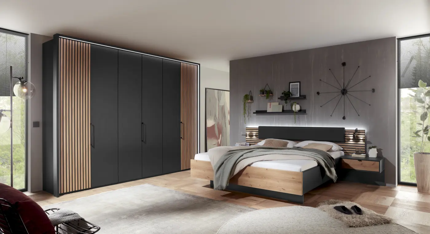 Wiemann komplettes Schlafzimmer Manhatten Graphit/Bianco Eiche NB - inkl. Zusatzausstattung -