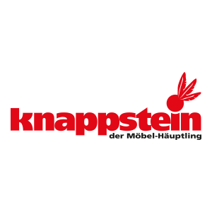 Logo von Knappstein, rot mit einem stilisierten Vogel und dem Schriftzug "der Möbel-Häuptling".