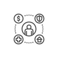 Symbole für betriebliche Gesundheitsvorteile: Geld, Schutz, Gesundheit und Wohnen, umgeben von einer Person.