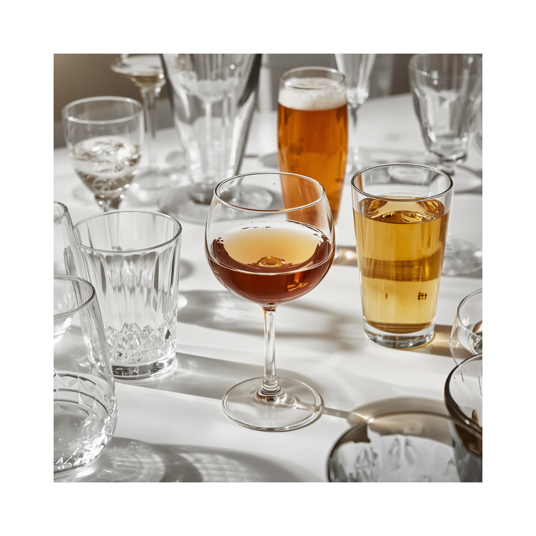 Verschiedene Gläser auf einem Tisch, darunter ein Cocktailglas mit braunem Getränk, ein Bierglas und mehrere Wassergläser.