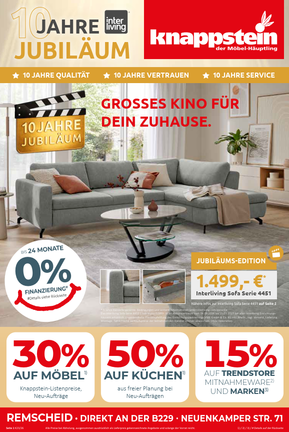 Jubiläumsangebot für Interliving mit Sofa, Rabattaktionen und Finanzierungshinweisen.