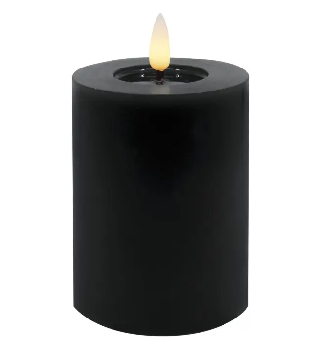 LC Wholesaler LED Stumpenkerze Winter Echtwachs winter black smooth 7,5x10cm 3D-Flamme warmweiß