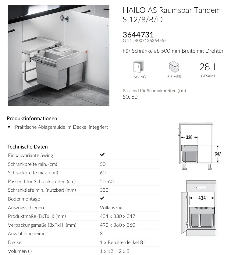 Hailo Abfallsammler AS Raumspar Tandem Grau ca. 34.6 x 47.5 x 33.6 cm 