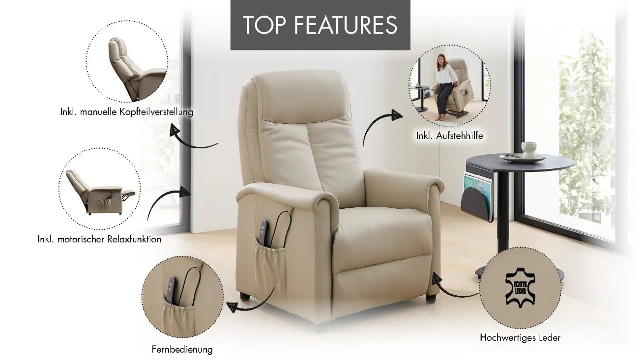 360 Grad Relaxsessel Austin Leder Cream ca. 80x72x113 cm