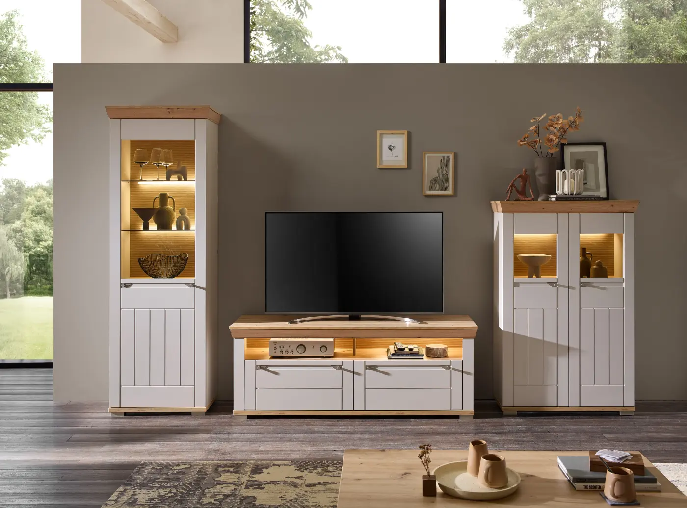 Wohn-Concept Country-L Kaschmir matt/Artisan Eiche NB ca. 351x208x53 cm - ohne Beleuchtung -