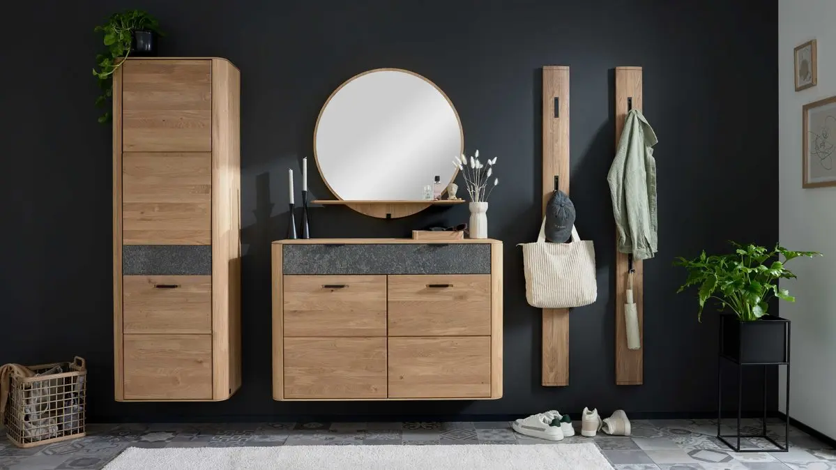 Wohn-Concept Interliving 6014 Garderobe 6516HH80 Wildeiche massiv, Granit-Steinfurnier ca.285x202x34 cm