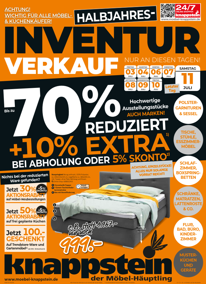 Halbjahres-Inventarverkauf mit 70% Rabatt auf M&ouml;bel und K&uuml;chen, inklusive Sonderaktionen und Gutscheinen.