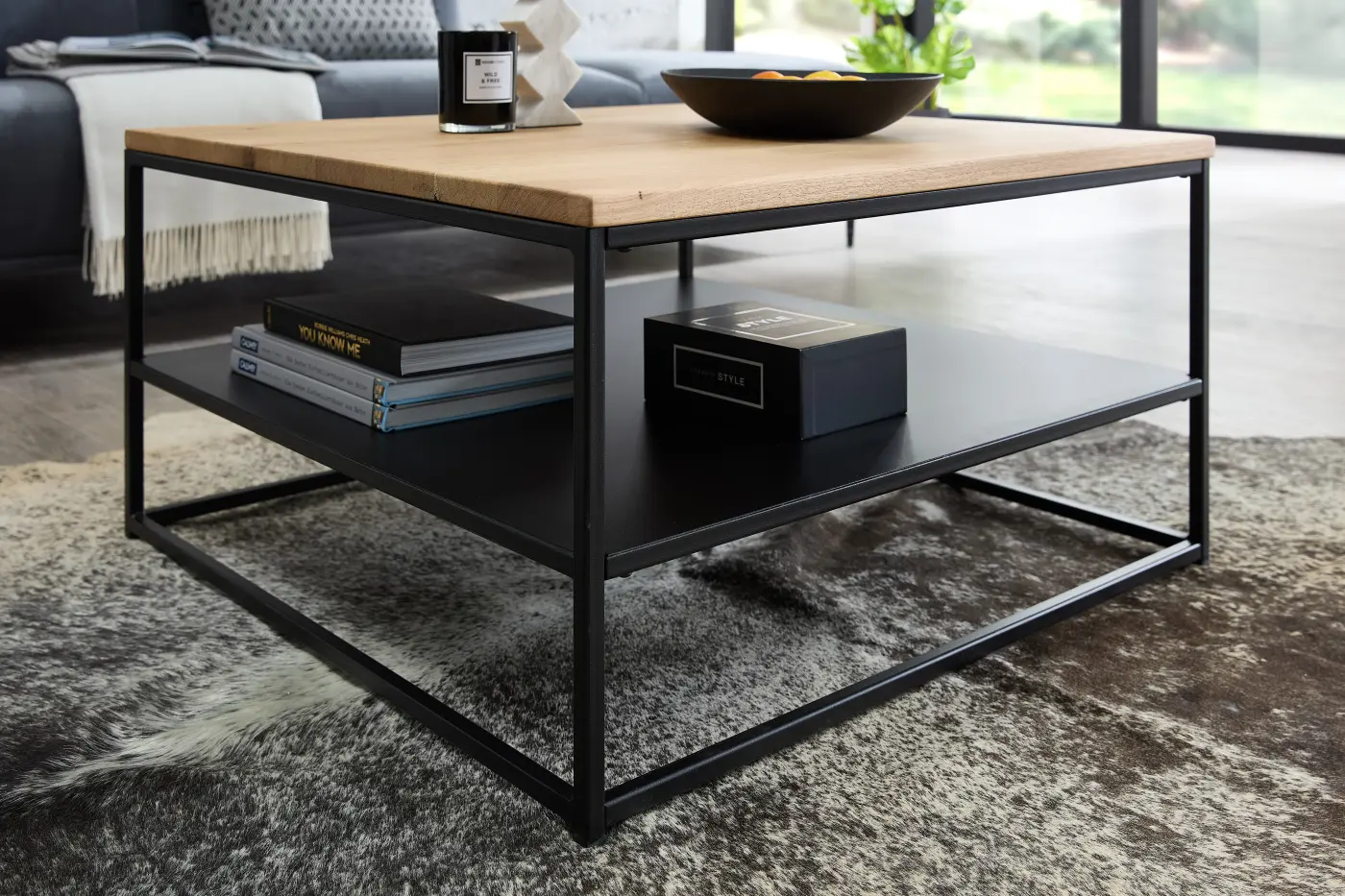 Stolkom Couchtisch Tilda Eiche Massiv/Schwarz ca. 75x40x75 cm