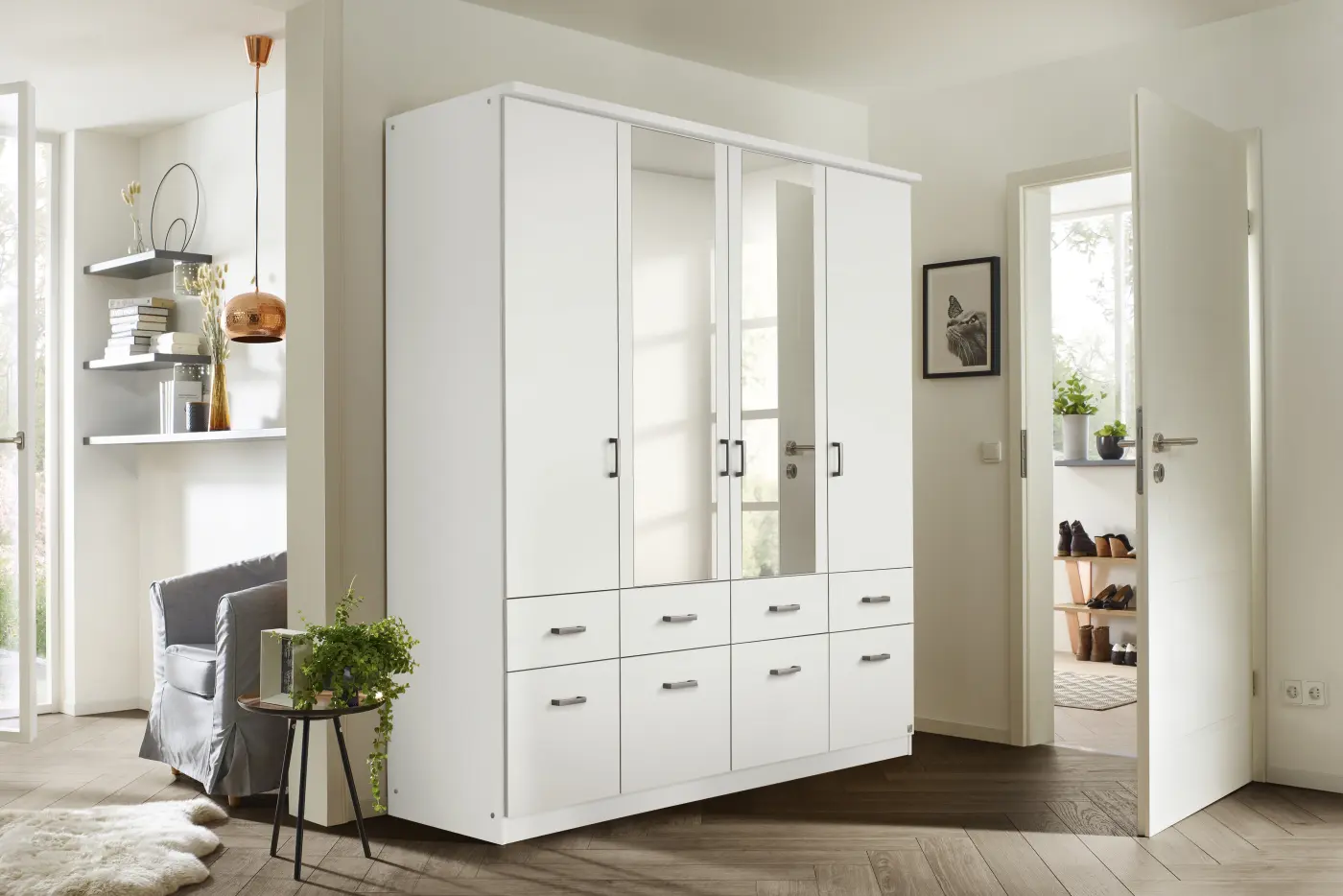Rauch Kleiderschrank Bremen Alpinweiß 4-türig und 8 Schubkästen ca. 181x199x56 cm