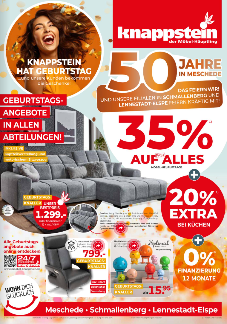 Werbung für den 50. Geburtstag von Knappstein mit Rabatten auf Möbel und Küchen, inklusive Preisangaben.