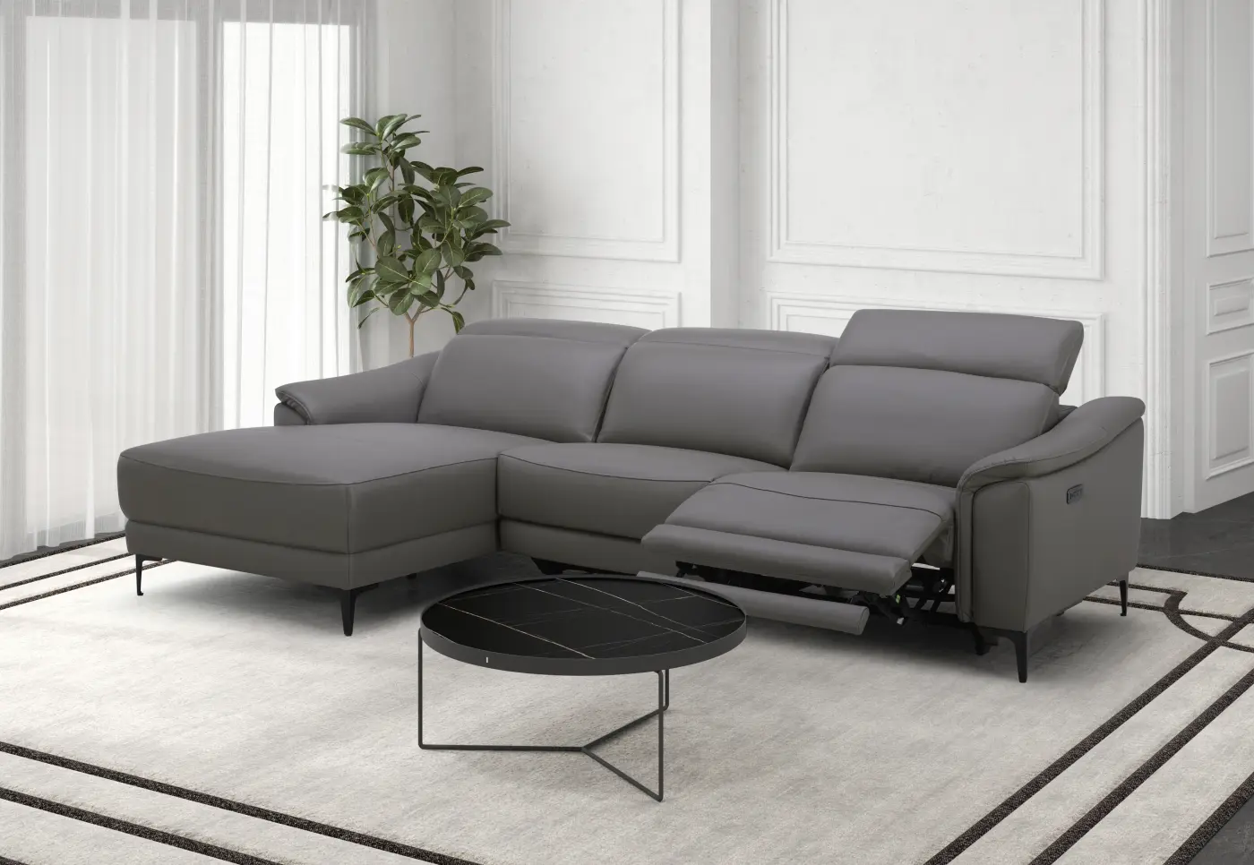 Kuka Home Garnitur KM.6285 LEder Dark Grey ca. 272x176 cm -Ottomane rechts -