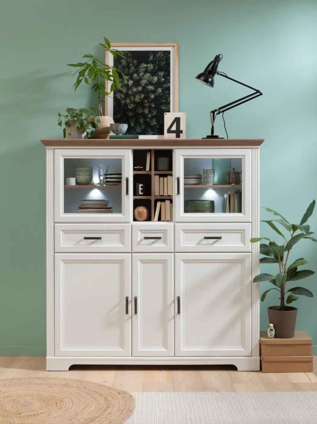 Innostyle Highboard Jasmin 1LG9UH22 Pinie hell MDF/Eiche Artisan Nachbildung BxHxT ca.143x150x42 cm, inkl. LED Beleuchtung