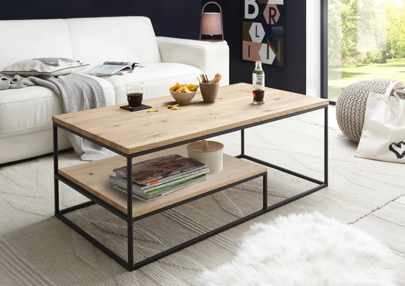 Stolkom Couchtisch Thore 2, Eiche massiv/Metall schwwarz BHT ca. 110x 42x60 cm