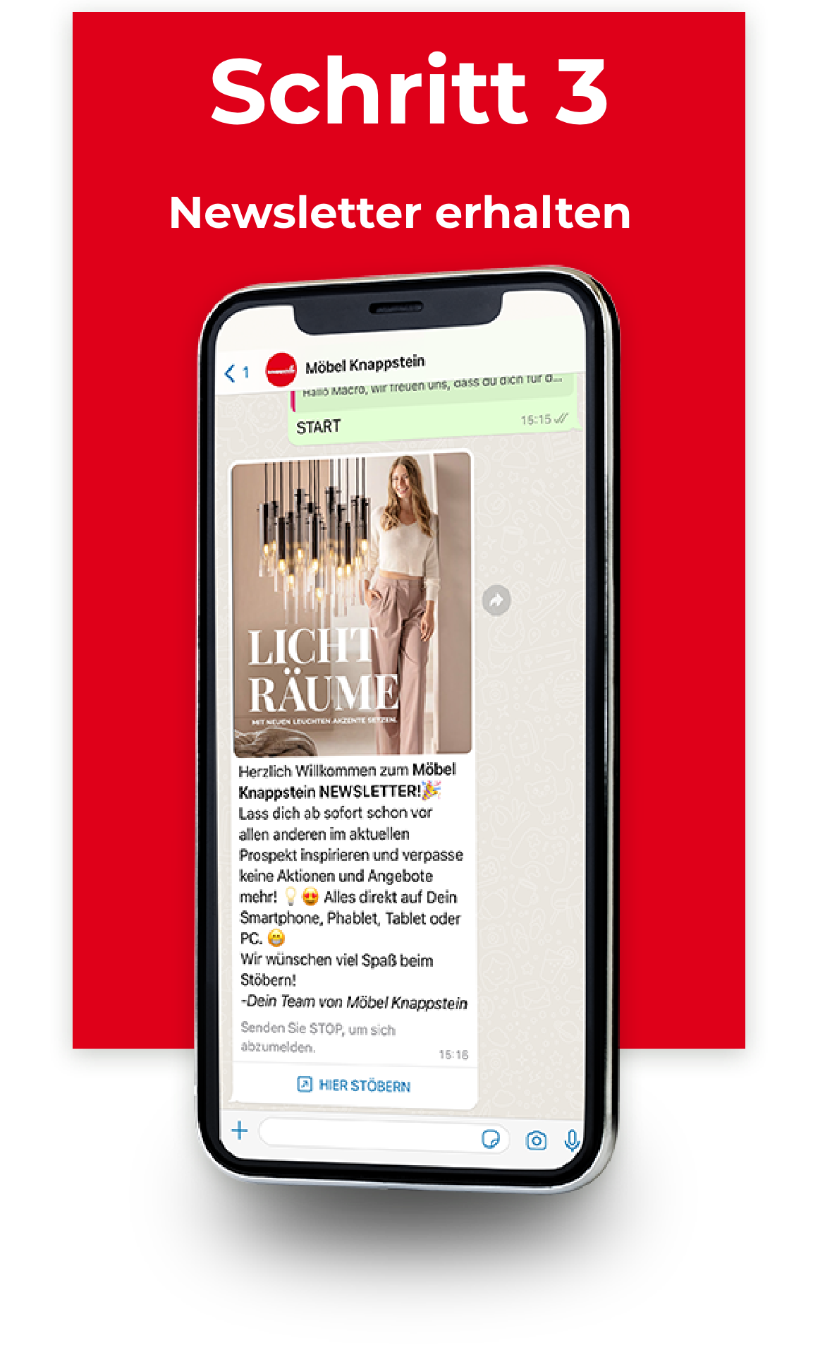 Smartphone mit WhatsApp-Nachricht über den Newsletter von Möbel Knappstein.