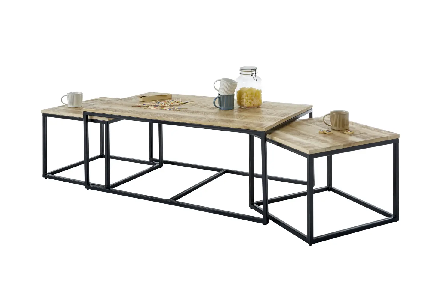 Couchtisch 3-tlg. Mango Wood/Metall schwarz BHT ca. 110x 45x60 cm