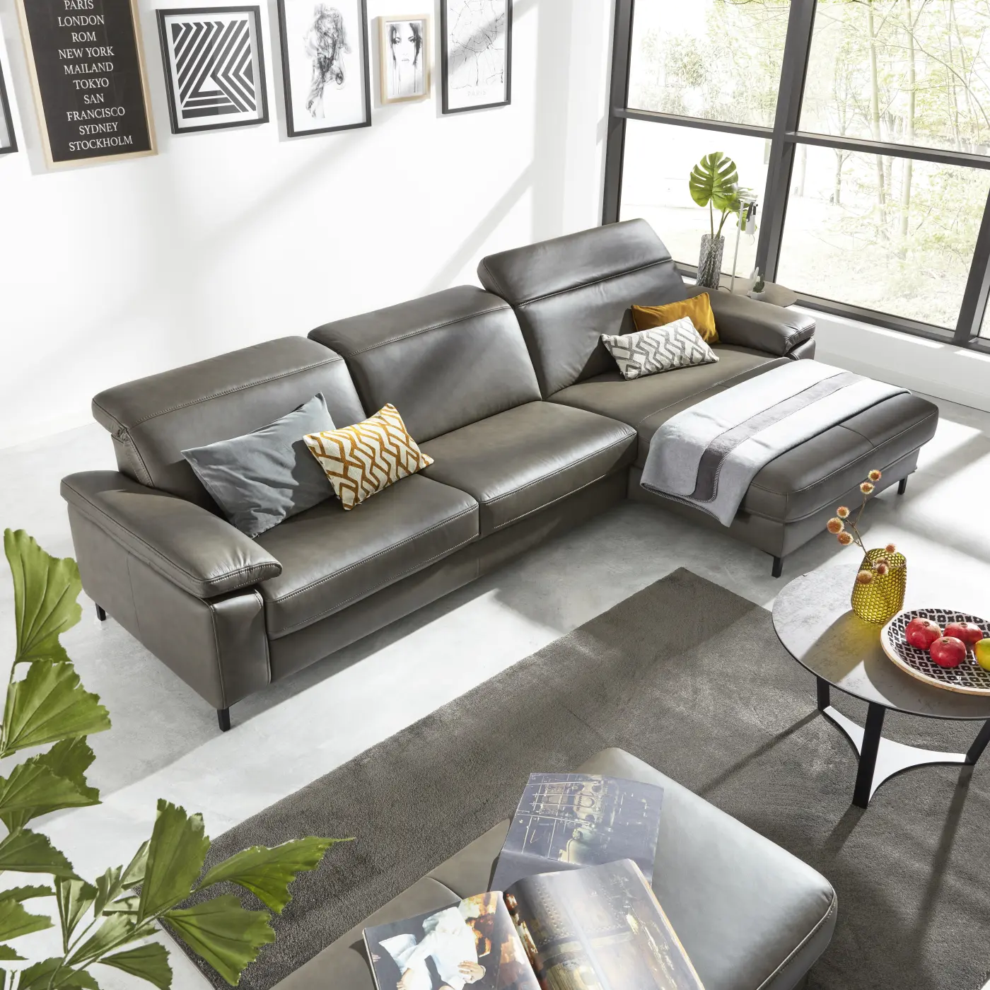 Interliving 4054 Echt Leder Greystone mit Kopfteilverstellungen