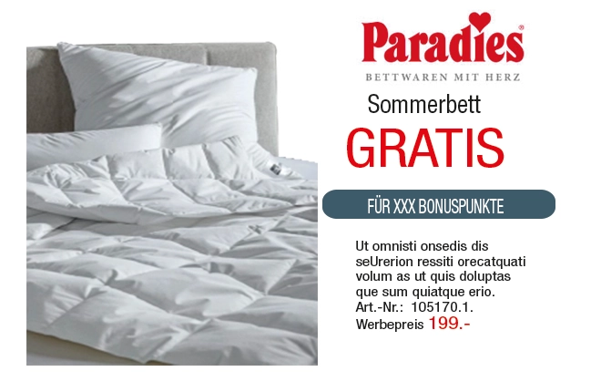 Sommerbett in Weiß mit gestepptem Design, Angebot "Gratis" und Preisangabe von 199 Euro.