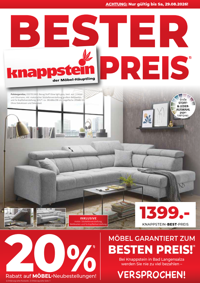 Sofa in hellgrau mit Rabattangebot und Preisangabe in einer Werbeanzeige.