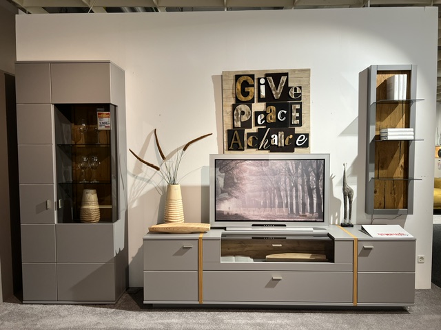 Wohnwand Sevilla in Arktis grau mit Risseiche furniert, bestehend aus TV-Element, Vitrine und Regalen.