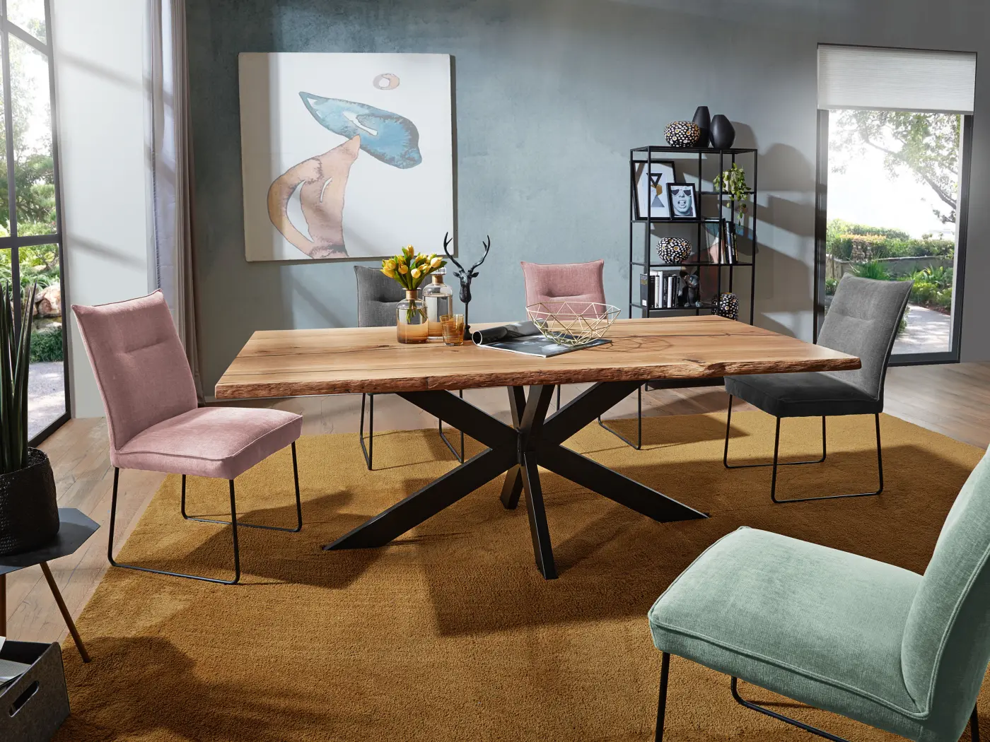 3S Frankenmöbel Tisch Wildeiche Massiv geölt ca. 200x100 cm, Gestell Doppel X Metall schwarz