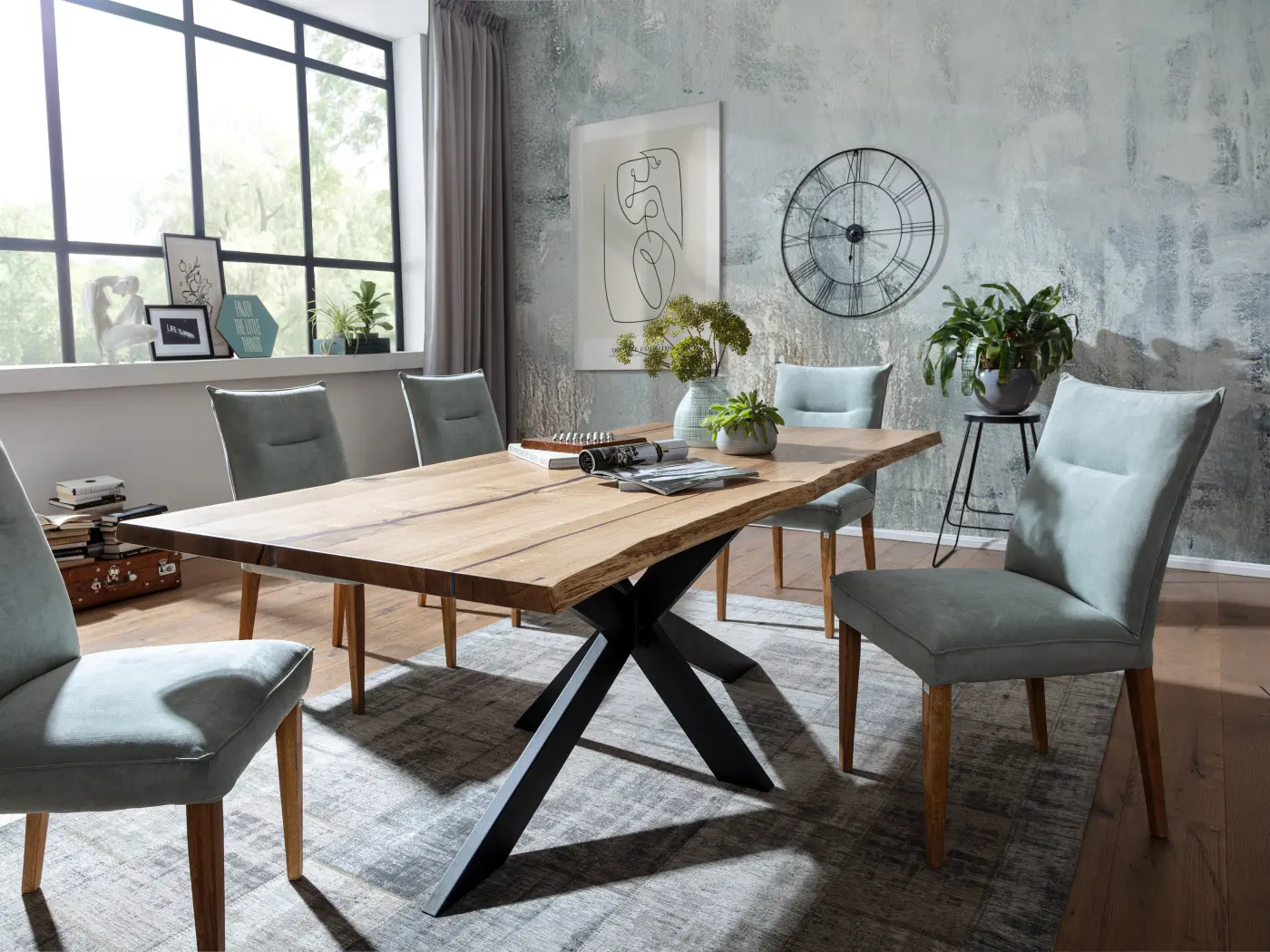 3S Frankenmöbel Tisch Wildeiche Massiv geölt ca. 200x100 cm, Gestell Doppel X Metall schwarz