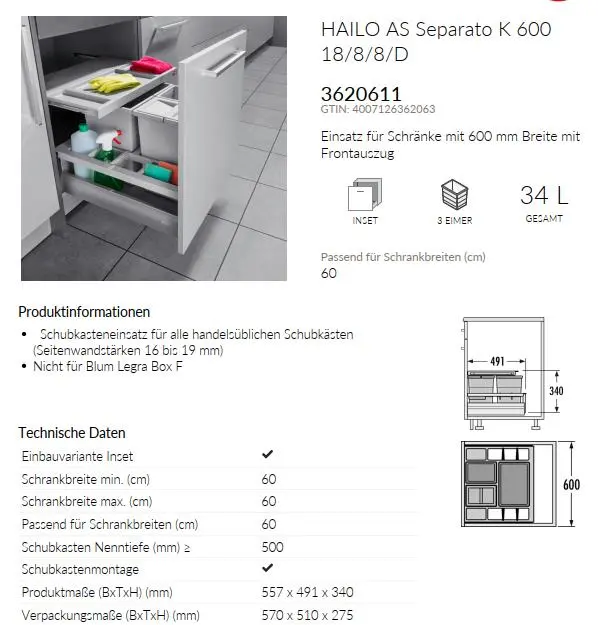Hailo Abfallsammler Separato K Grau mit Multideckel 1x 18L und 2x 8L ca. 55,7x49,1x34 cm