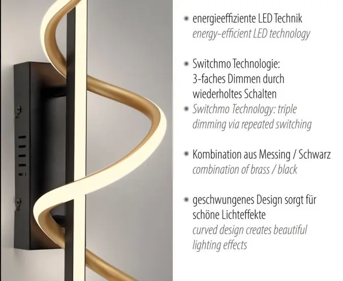 Justlight LED-Wandleuchte Schwarz/Messing 41,4x18,5x13,5 cm