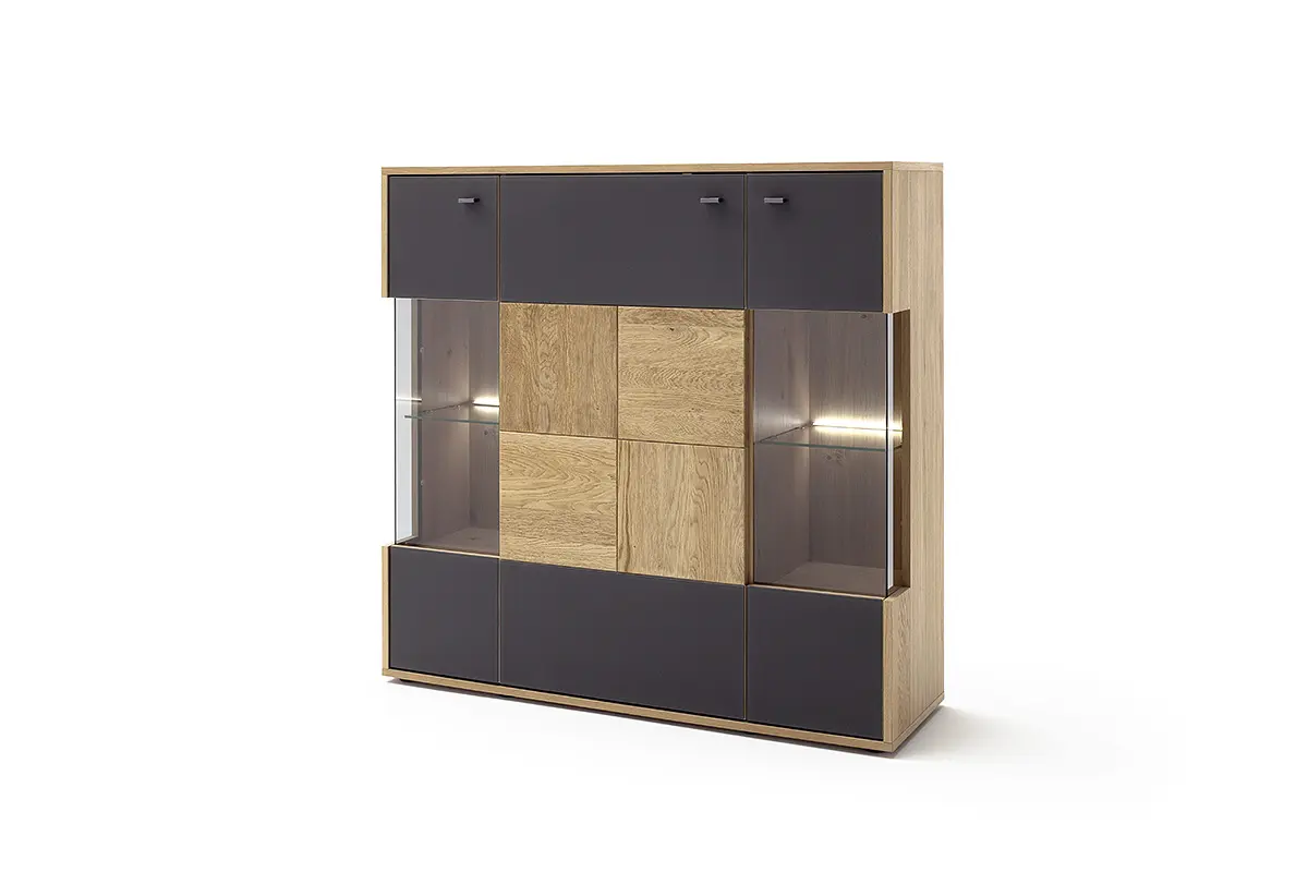 MCA Highboard Balkeneiche Bianco - Glas anthrazit ca.124x120x37 cm