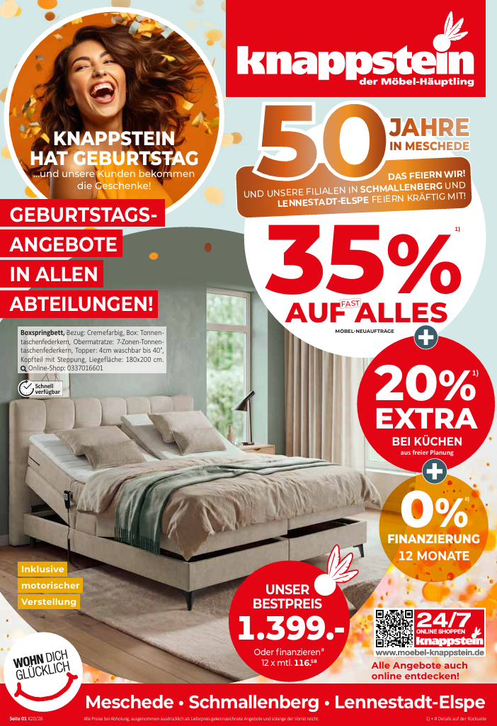 Werbung für Knappenstein mit Angeboten zum 50-jährigen Jubiläum, inklusive Rabatten und Finanzierungsmöglichkeiten.