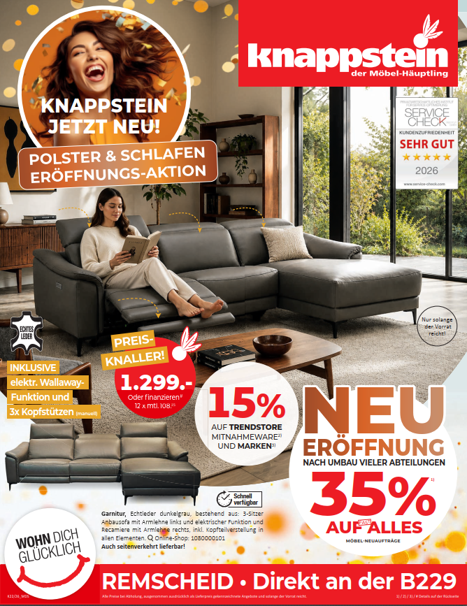 Sofa in Grau mit Polster- und Schlafoption, Werbeaktion für Möbelhaus Knappstein.